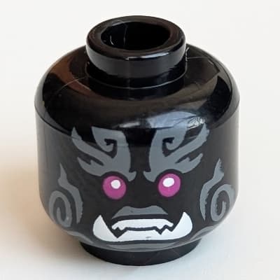Minifig Head, Magenta Eyes, White Sharp Teeth, Fangs, Dark Bluish Gray Markings Print