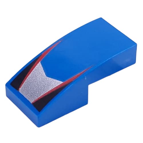 Slope Curved 2 x 1 No Studs with Red Stripes, Black Triangles, Silver Shape print