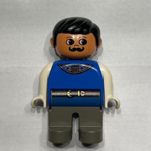 Duplo Figure, Early, with Short Parted Hair Black, Dark Gray Legs, White Arms, Moustache (Actor)