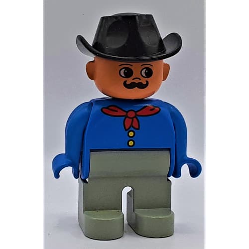 Duplo Figure, Early, Cowboy Hat Black, Light Gray Legs, Red Neckerchief, Moustache Print