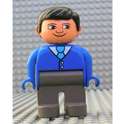 Duplo Figure, Early, with Short Parted Hair Black, Dark Gray Legs, White Shirt, Light Blue Tie Print