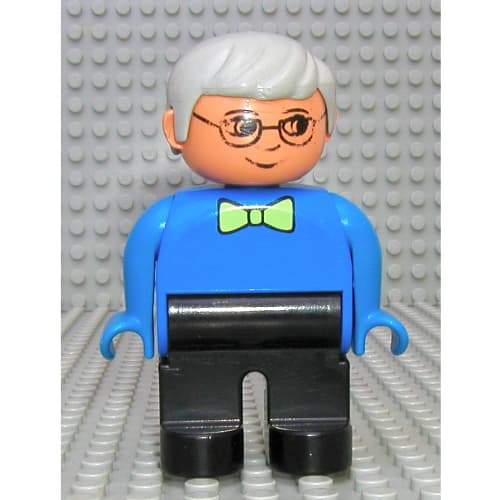 Duplo Figure, Early, with Short Parted Hair Light Gray, Black Legs, Light Lime Bow Tie, Glasses Print