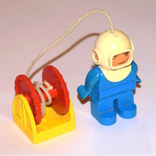 Duplo Figure, Early, Diving Helmet White, Blue Legs, with Attached 'Hose' and Red Reel