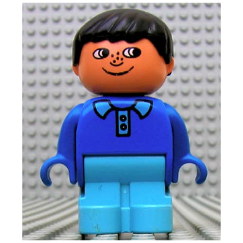 Duplo Figure, Early with Joined Legs Light Blue, with Light Blue Collar, Freckles, and Black Hair
