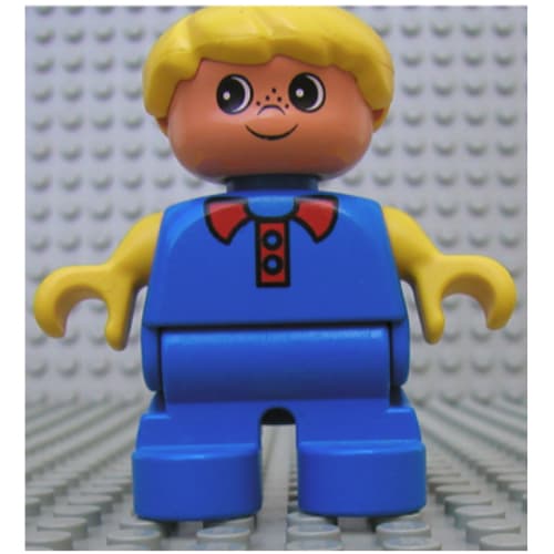 Duplo Figure, Early Child, Hair Swept Left Yellow, Blue Legs, Yellow Arms, Red Collar and Freckles Print