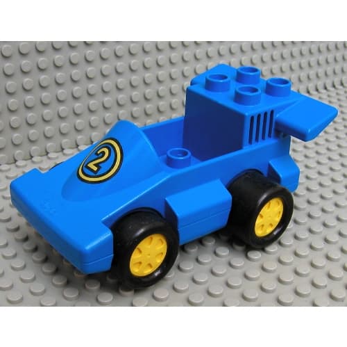 Duplo Car Formula One with One Stud in Cab, Blue Bottom and Yellow Number 2 Print