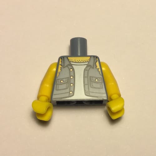 Torso Shirt with Ripped Off Sleeves, Buttons on Pockets Print, Yellow Arms and Hands