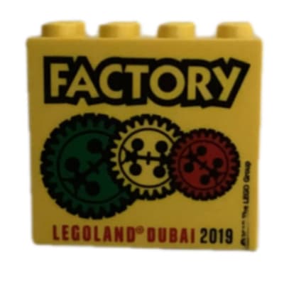 Brick 2 x 4 x 3 with 'LEGOLAND DUBAI FACTORY 2019', Gears print