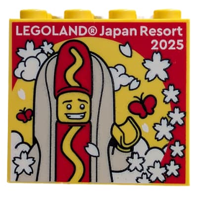 Brick 2 x 4 x 3 with 'LEGOLAND Japan Resort 2025', Hot Dog Costume and Cherry Blossom Flowers print