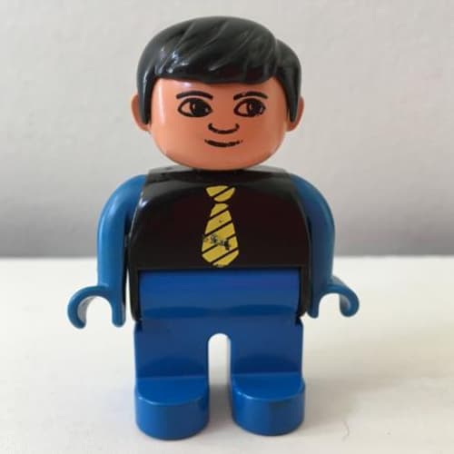 Duplo Figure, Early, with Short Parted Hair Black, Blue Legs, Yellow Tie, Blue Arms, no White in Eyes Print