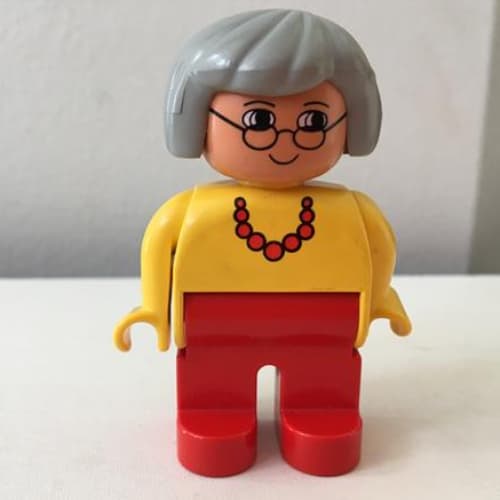 Duplo Figure, Early, Hair Bob Light Gray, Red Legs, Red Necklace, Gray Hair, Glasses Print