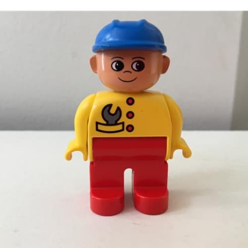 Duplo Figure, Early, Hard Hat Blue, Red Legs, Yellow Top with Wrench in Pocket Print