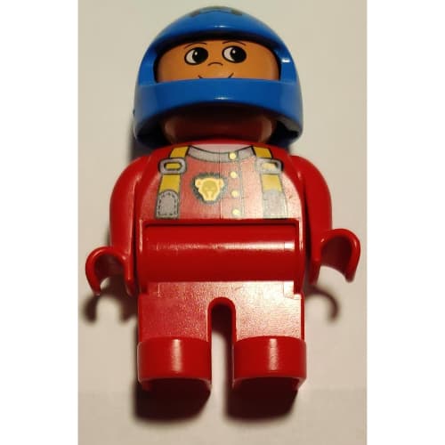 Duplo Figure, Early, Helmet Blue, Red Legs, Red Top with Cat Eye Racer Logo Print