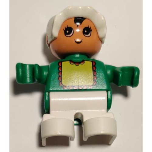 Duplo Figure, Early Child, with Bonnet White, and White Legs, Yellow Bib with Red Lace Print