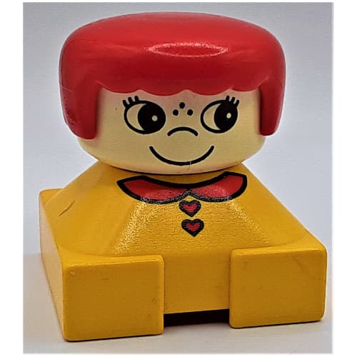 Duplo 2 x 2 x 2 Figure Brick, Rounded Bangs, White Head, Red Hair, Red Collar and Heart Buttons, Freckles Print