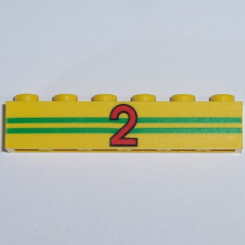 Brick 1 x 6 with 2 Green Stripes and Red '2' Print