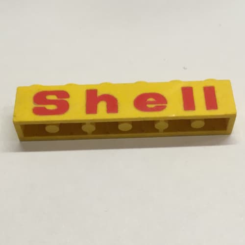 Brick 1 x 6 with Bottom Tubes and 2 Lowered Cross Supports with 'Shell' Rounded 'e', Red Print