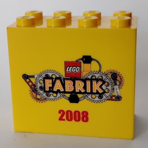 Brick 2 x 4 x 3 with 'LEGO Fabrik 2008' with Yellow Text Print