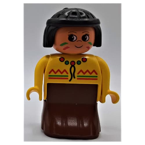 Duplo Figure, Early, Dress Brown, Green and Red Decorations, Black Hair (American Indian)