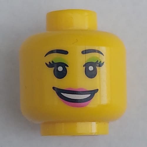 Minifig Head, Peach Lips, Open Mouth Smile, Black Eyebrows, Light Green Mascara Print