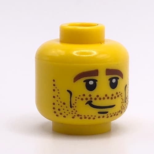 Minifig Head, Brown Stubble, Brown Eyebrows, Crooked Smile and Cheek Lines Print