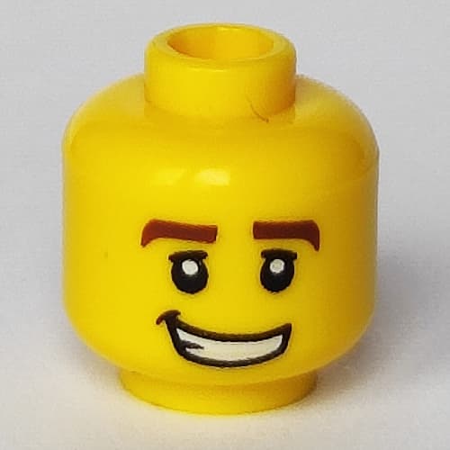 Minifig Head Race Car Driver, Thick Brown Eyebrows, White Pupils and Grin with Teeth Print
