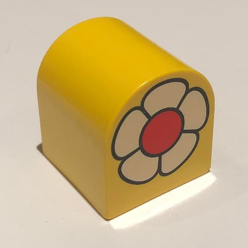 Duplo Brick 2 x 2 x 2 Curved Top with White Flower with Red Center Print