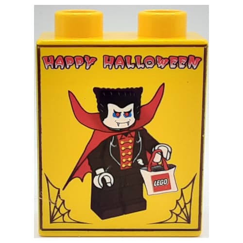 Duplo Brick 1 x 2 x 2 with LEGO Logo / 'Happy Halloween' and Vampire Print