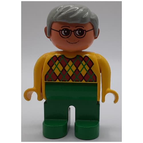 Duplo Figure, Early, with Short Parted Hair Light Gray, Green Legs, Argyle Sweater Print