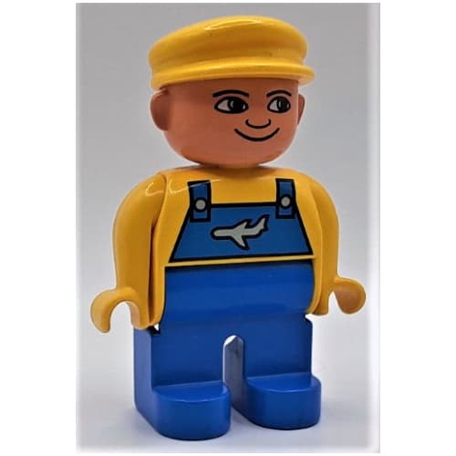 Duplo Figure, Early, with Flat Cap Yellow, Blue Legs, Blue Overalls with Airplane Print
