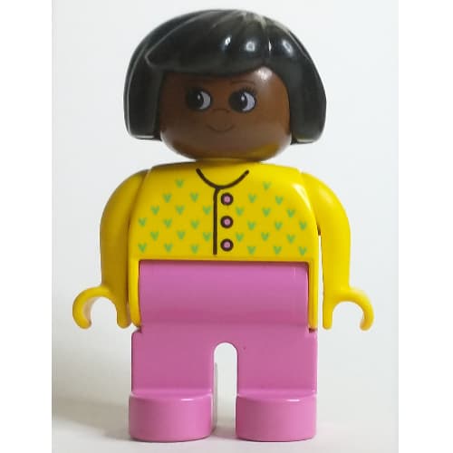 Duplo Figure, Early, Hair Bob Black, Dark Pink Legs, Buttons and Medium Green Flowers Print