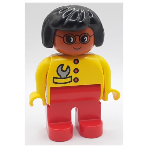Duplo Figure, Early, Hair Bob Black, Red Legs, Red Buttons and Gray Wrench, Glasses Print