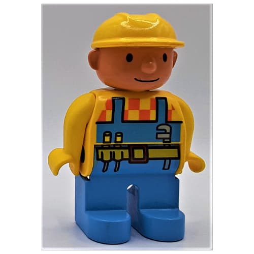 Duplo Figure, Early, Hard Hat Yellow, Medium Blue Legs, Yellow Top, Light Blue Overalls and Toolbelt Print (Bob The Builder)