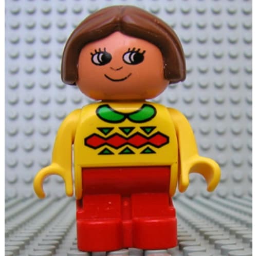 Duplo Figure, Early with Joined Legs Red, with Red and Green Geometric Print, Green Collar, and Brown Hair