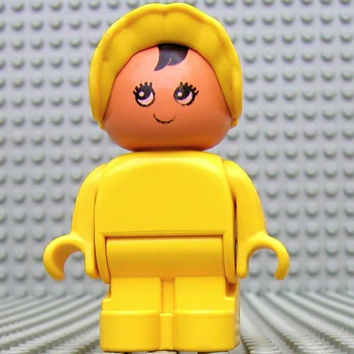 Duplo Figure, Early with Joined Legs, with Yellow Legs, Black Hair, and Yellow Bonnet (Baby)