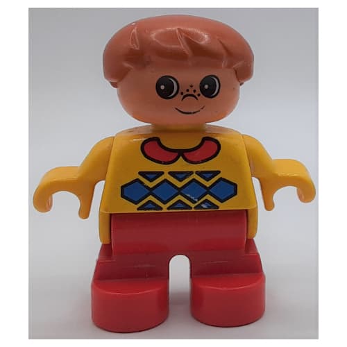 Duplo Figure, Early Child, Hair Swept Left Dark Orange, Red Legs, Red Collar and Blue Argyle Print