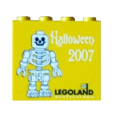 Brick 2 x 4 x 3 with 'LEGOLAND Deutschland Halloween 2007', Skeleton Minifig Print