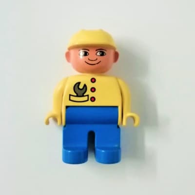 Duplo Figure, Early, Hard Hat Yellow, Blue Legs, Wrench in Pocket Print