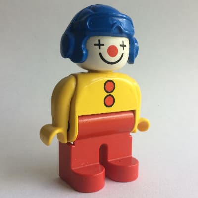 Duplo Figure, Early, Aviator Hat Blue, Red Legs, with 2 Buttons, Yellow Arms, Clown Face Paint