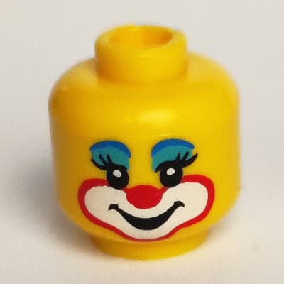 Minifig Head Clown, Blue Eye Shadow, Red Nose, White Mouth with Red Outline, Smile / Left Eye Closed Print