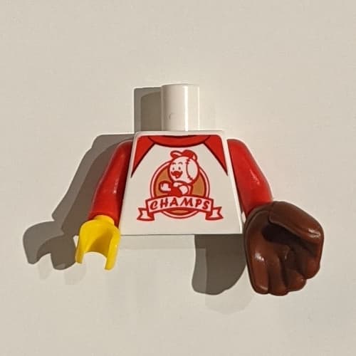 Torso Baseball Shirt with 'CHAMPS' Print, Red Arms, Yellow Right Hand, Left Reddish Brown Baseball Glove