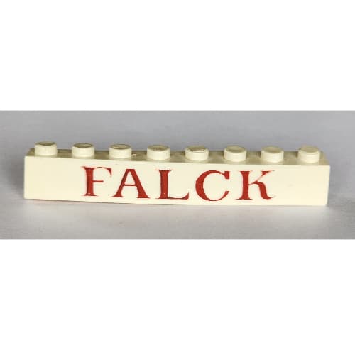 Brick 1 x 8 without Bottom Tubes with Cross Side Supports with 'FALCK' Large Red Print