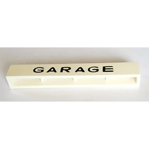 Brick 1 x 8 without Bottom Tubes with Cross Side Supports with 'GARAGE' Medium Sans-Serif Black Print