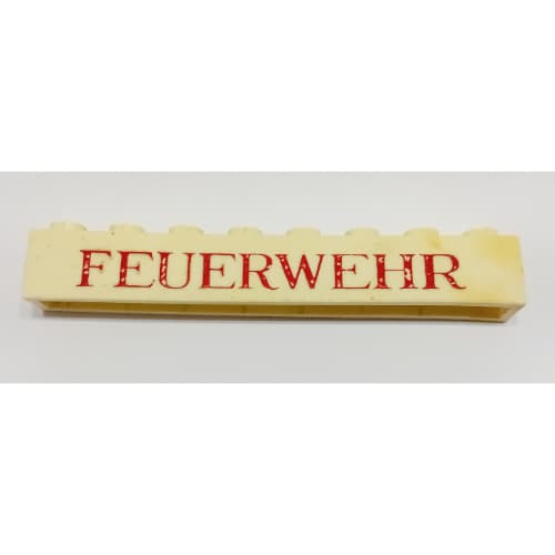 Brick 1 x 8 without Bottom Tubes with Cross Side Supports with 'FEUERWEHR' Thin Red Print