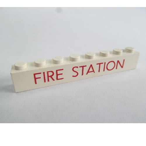 Brick 1 x 8 with 'FIRE STATION' Thin Red Print