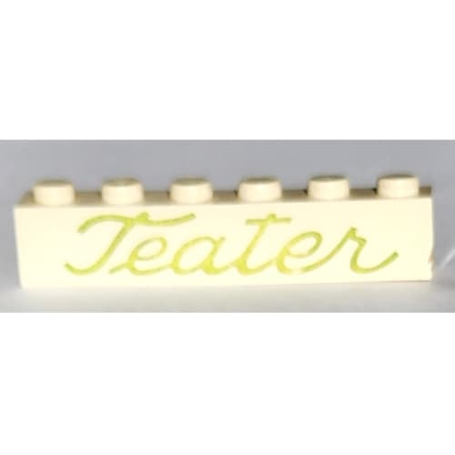 Brick 1 x 6 without Bottom Tubes with Cross Side Supports with 'Teater' Script Green Print