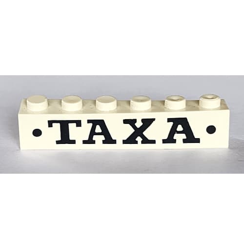 Brick 1 x 6 without Bottom Tubes with Cross Side Supports with 'TAXA' and Dots Bold Black Print