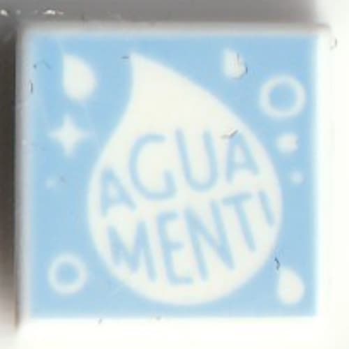 Tile 1 x 1 with Bright Light Blue 'AGUAMENTI' print
