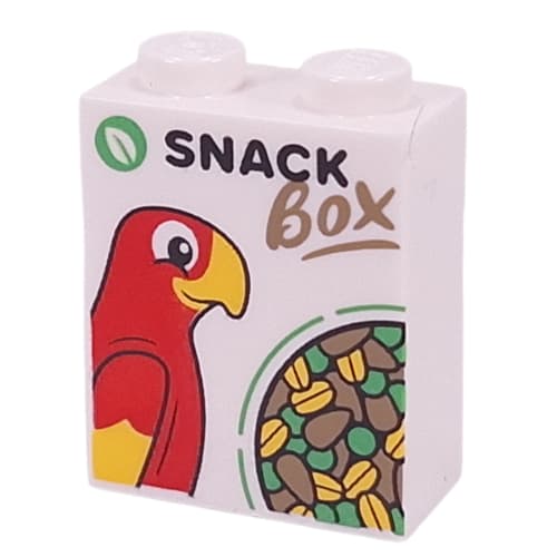 Brick 1 x 2 x 2 with 'SNACK BOX', Parrot, Pellets print