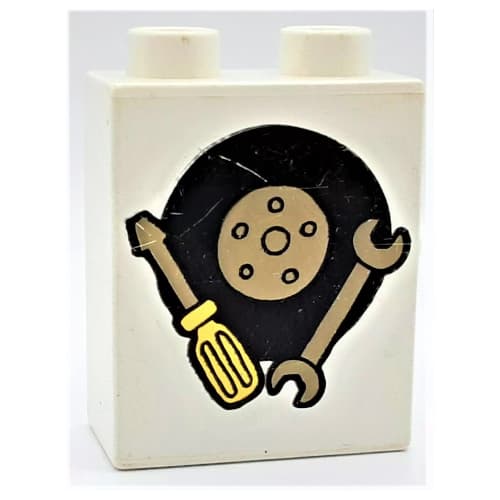 Duplo Brick 1 x 2 x 2 with Tire with Wheel, Screwdriver and Wrench Print